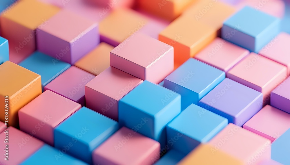 Poster colorful geometric cubes in pastel pink, orange and blue arranged in rows creating abstract pattern 