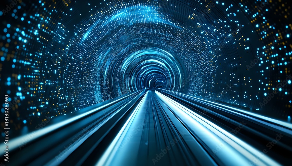 Poster futuristic blue tunnel with glowing digital particles and light trails creating dynamic motion effec