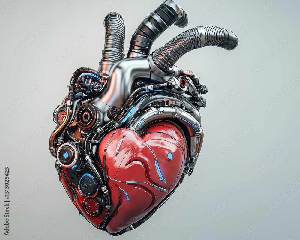 Poster futuristic artificial heart with metallic components and mechanical details for science fiction and 