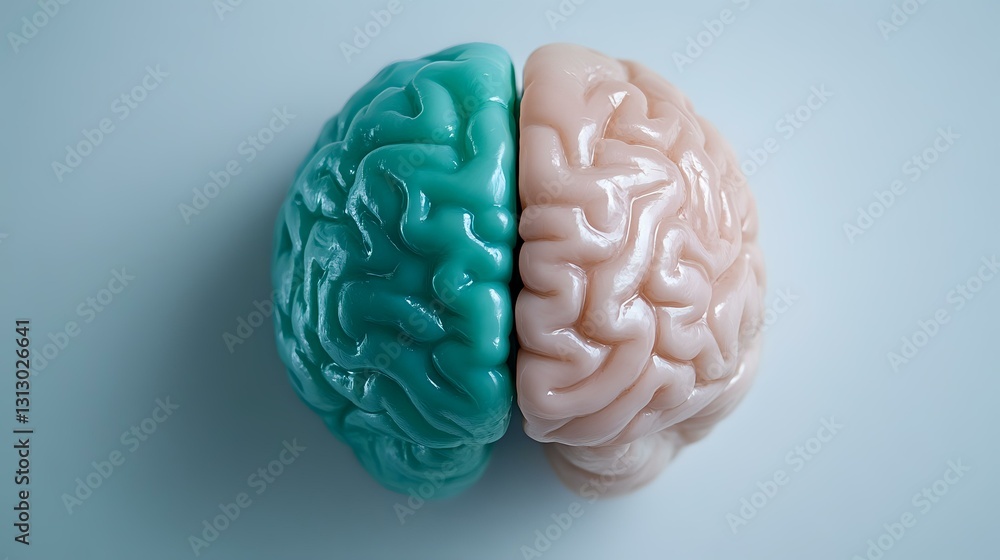 Poster conceptual brain model split in contrasting turquoise and pink colors showing left and right hemisph