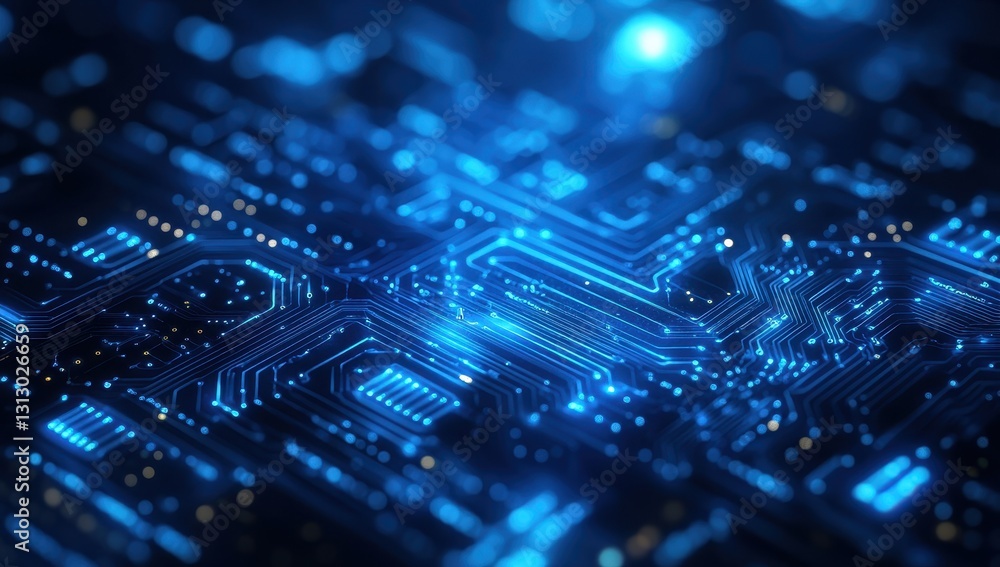 Poster futuristic blue circuit board design with glowing lines and digital patterns for technology and inno