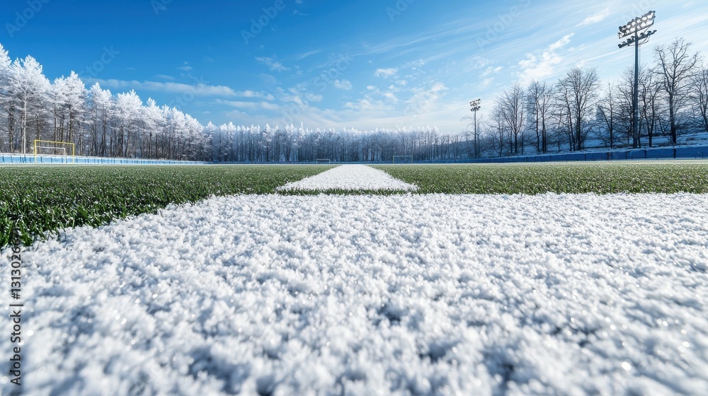 Poster a snowy field with a football field in the background