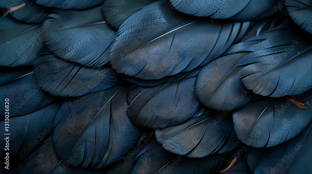 Poster dark blue feathers in overlapping layers create natural abstract pattern with subtle light reflectio