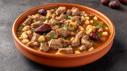 Fototapeta premium Delicious Lamb Stew with Barley and Dried Apricots
