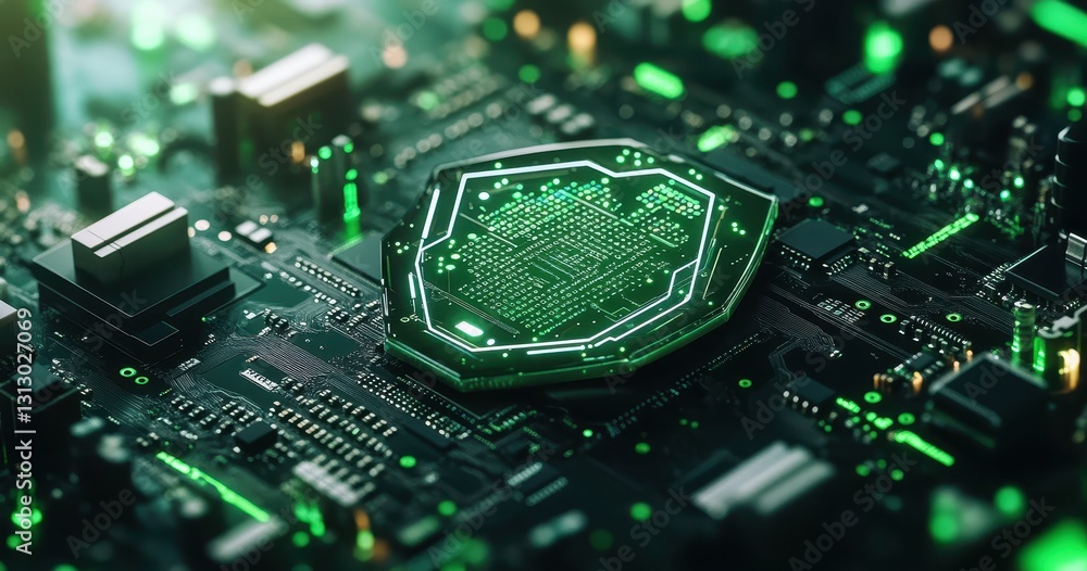 Poster futuristic circuit board with green lights and microchip design, digital technology concept for high