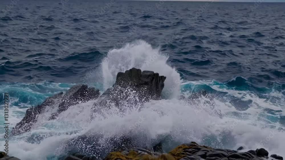Poster dynamic video capturing waves crashing over rocks from a low angle, emphasizing the raw power and be