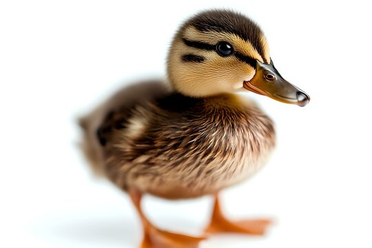 Baby mallard duckling with brown feathers and distinctive stripe pattern on head standing on white background, isolated wildlife portrait for nature publications. - Powered by Adobe