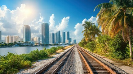 Naklejka premium Scenic view of railway tracks leading to a city skyline by the water under a bright sky.