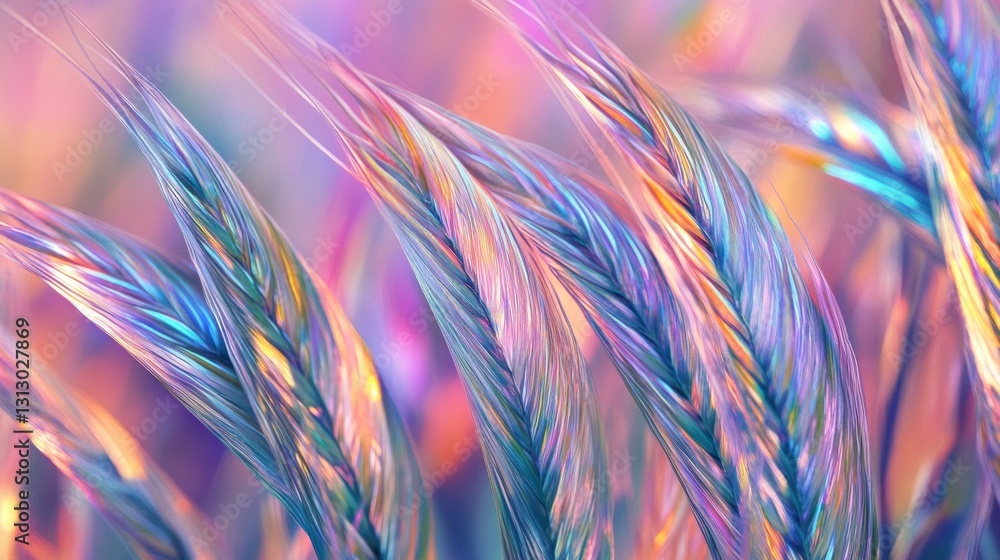 Poster glossy iridescent wheat stalks with colorful bends and twists background, 8k resolution