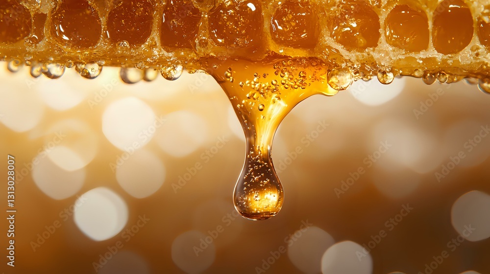 Poster golden honey dripping from honeycomb with natural bokeh background, macro close-up showing viscous d