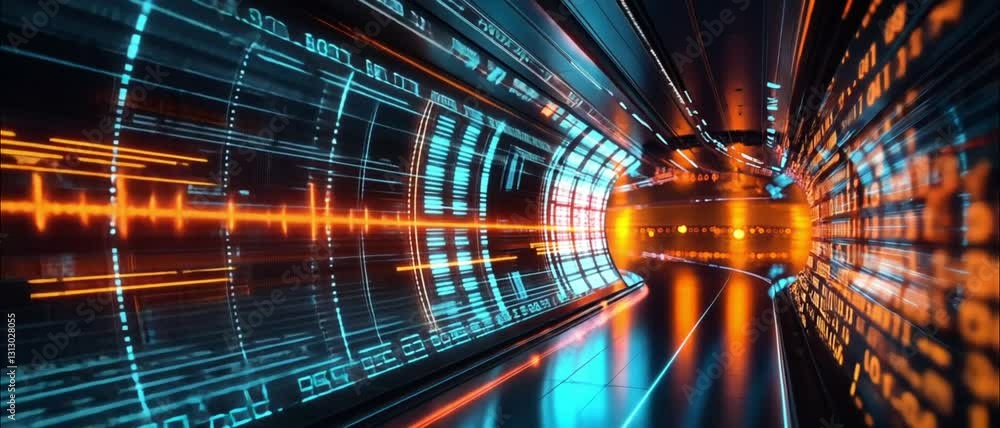 Poster futuristic tunnel with glowing data streams and light effects