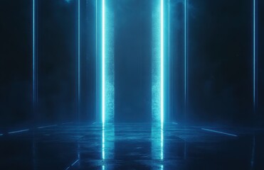 Futuristic Corridor with Neon Blue Lights and Fog Perfect for Sci-Fi Themes, Digital Art, and Creative Backgrounds for Various Projects