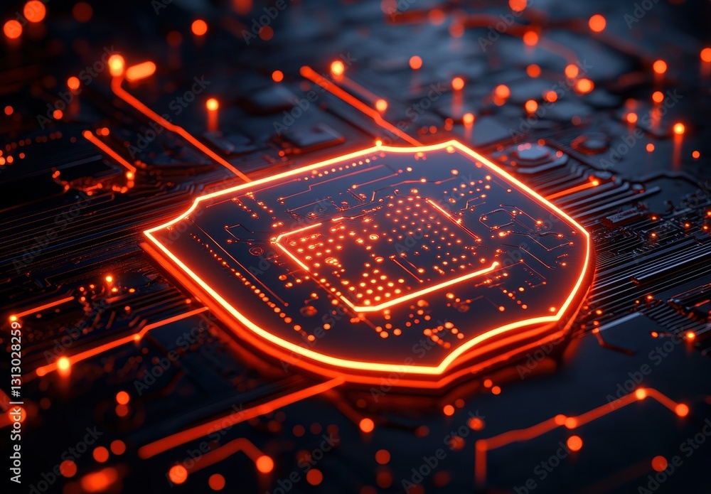 Aufkleber futuristic cyber security concept featuring glowing shield icon on complex digital circuit board wit