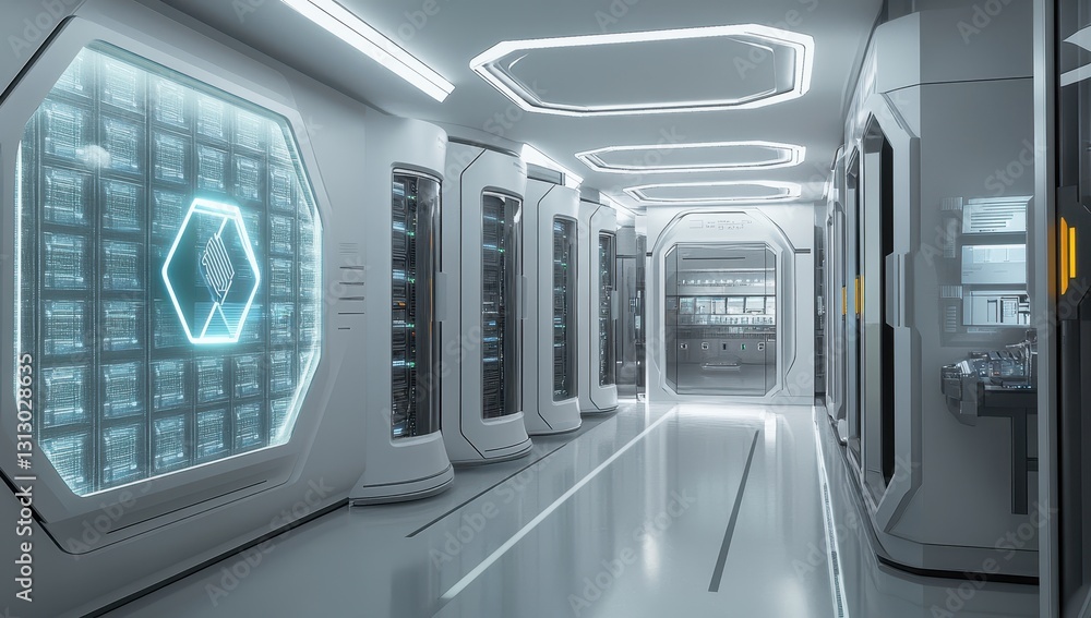 Poster futuristic data center corridor with illuminated panels and high-tech equipment for modern technolog