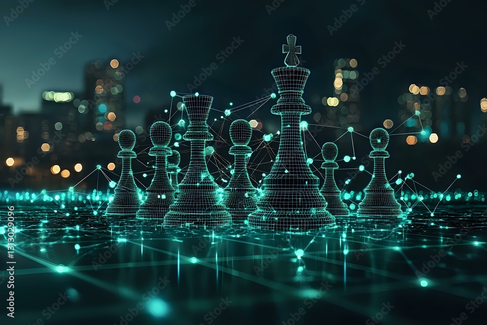 Poster glowing chess pieces on reflective surface with digital network connections and city lights bokeh in