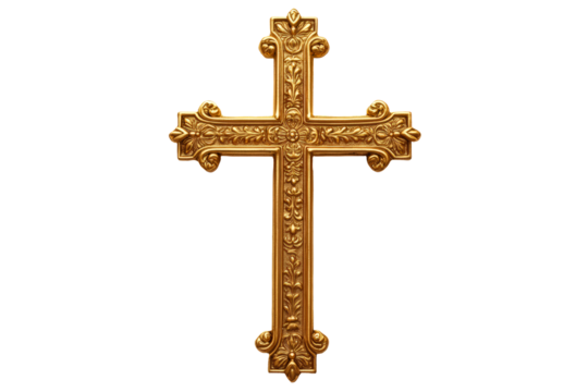 Ornate gold cross isolated on transparent background
