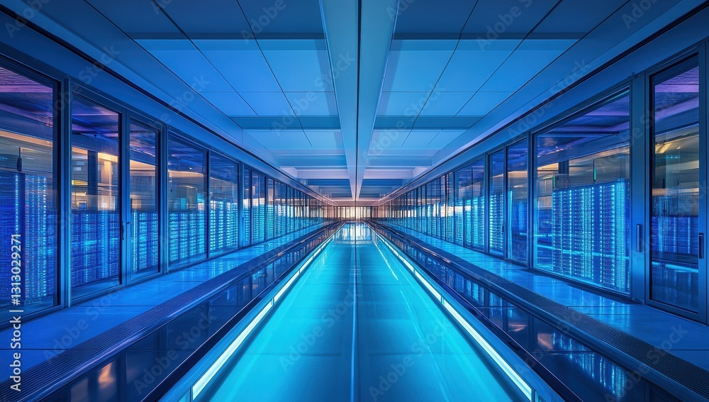 Poster futuristic data center with rows of servers illuminated by blue and purple lights in a sleek modern 