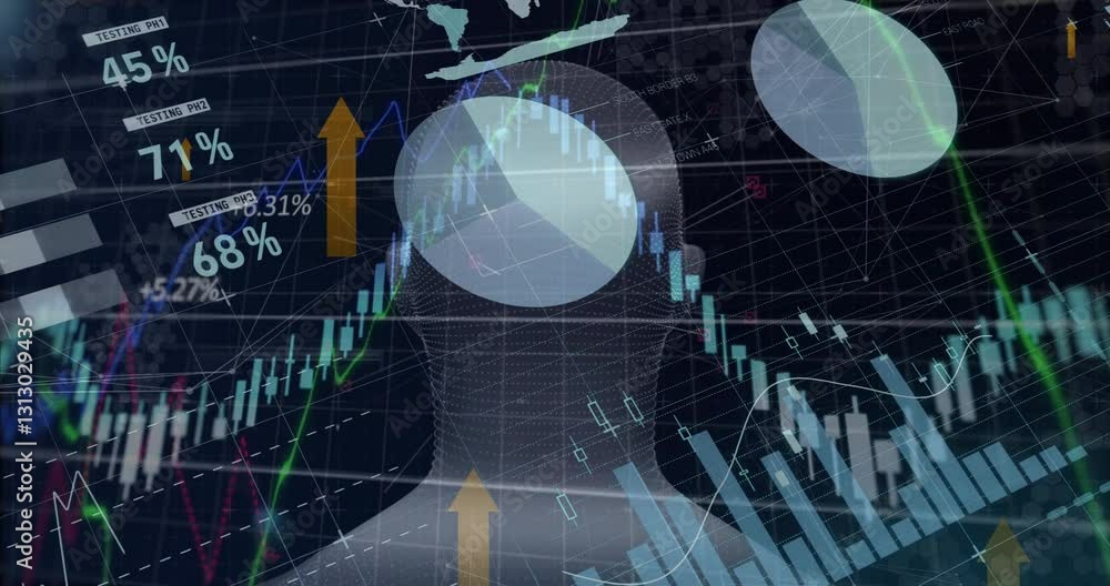 Poster animation of financial data processing with graphs and percentages in school setting