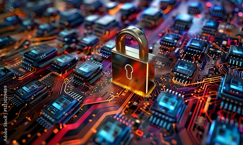 Poster glowing padlock on circuit board with microchips represents cybersecurity and data protection concep