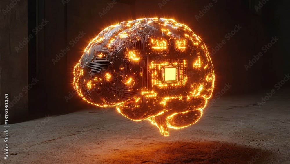Poster futuristic digital brain representing artificial intelligence with glowing circuit patterns in a dar