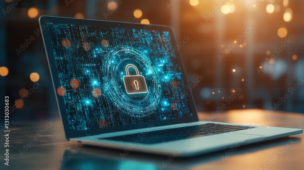 Poster laptop displaying a security padlock symbolizing advanced protection and encryption for digital data