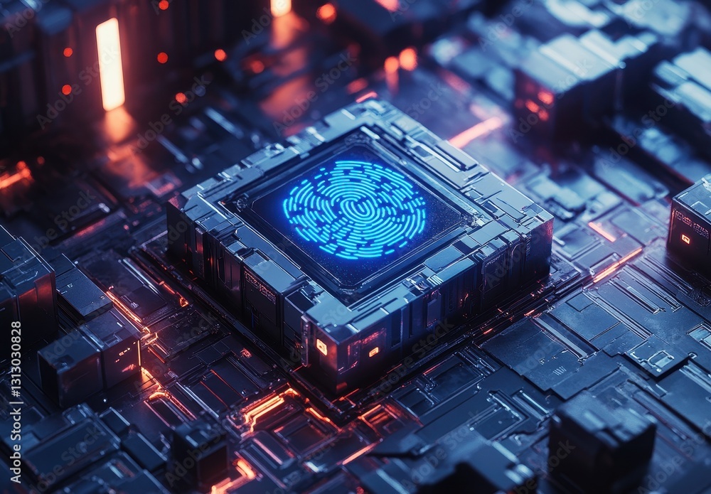 Poster futuristic digital circuitry with glowing microchip in dark background, representing technology and 