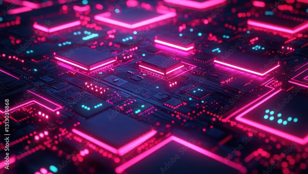 Poster futuristic digital circuit board with neon pink lights and complex microchips in an abstract technol