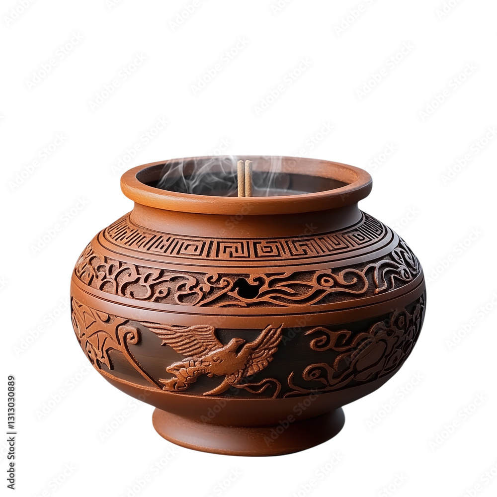 Poster incense burner with oriental design isolated on transparent background