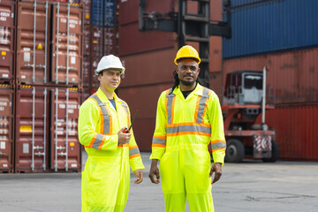 Engineer man Team in Safety Gear Control Containers Box at Industrial Site, Container Yard Workers...