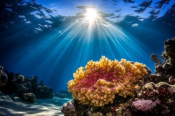 Vibrant Coral Reef Under Sunlit Ocean Water