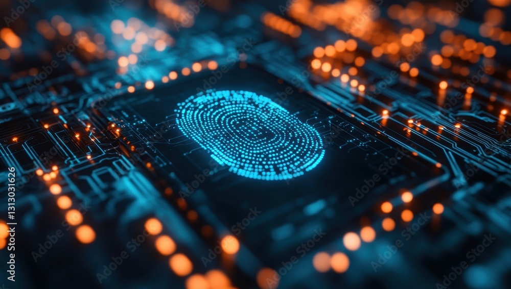 Poster futuristic digital fingerprint set against circuit board background with glowing led lights showcasi