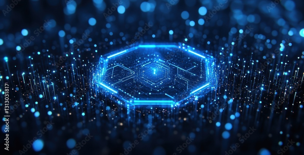 Poster futuristic digital hexagon with glowing particles displaying high-tech abstract background and 3d el