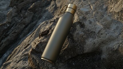 Stainless Steel Insulated Water Bottle on Hiking Trail Rock at Sunset