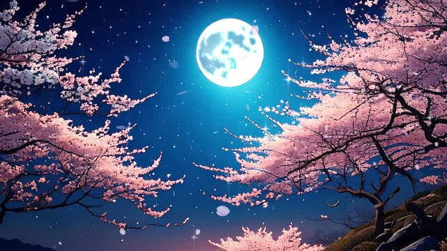 満月の夜に桜の花びらが舞う風景（ループ可能／AI生成）