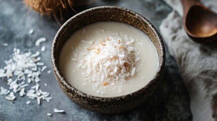 Creamy Coconut Pudding with Shredded Coconut Topping in Bowl
