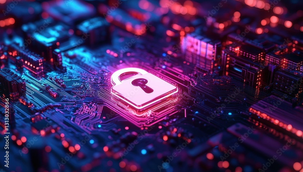 Poster futuristic digital lock symbolizing data security on a circuit board with neon glow effects and tech
