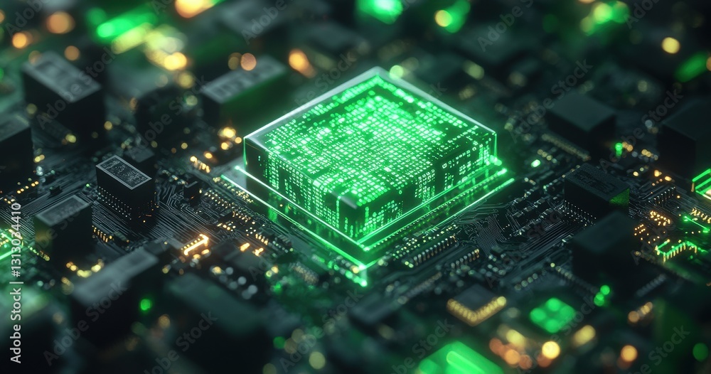 Poster futuristic glowing microchip on a circuit board showcasing advanced technology and digital innovatio