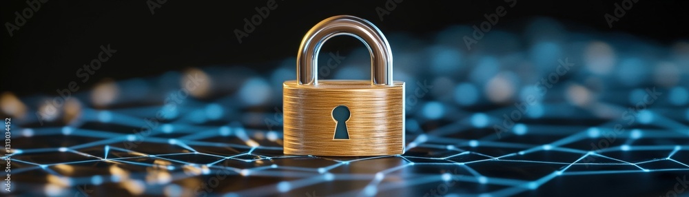 Poster secure padlock on a network of blue and gold lines representing cybersecurity and data protection co