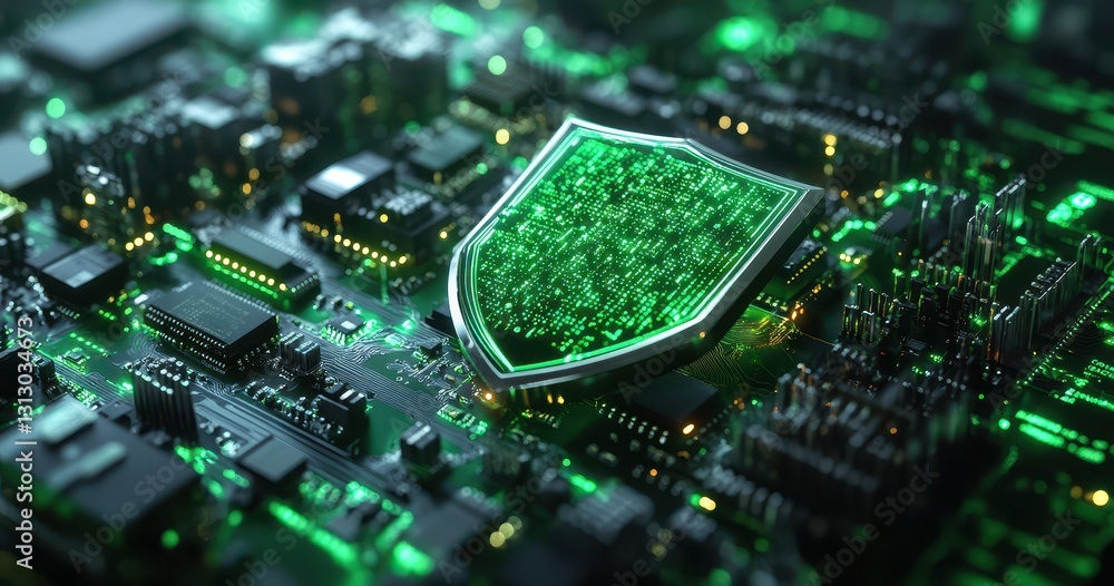 Poster futuristic green shield on circuit board representing cybersecurity and data protection in digital t