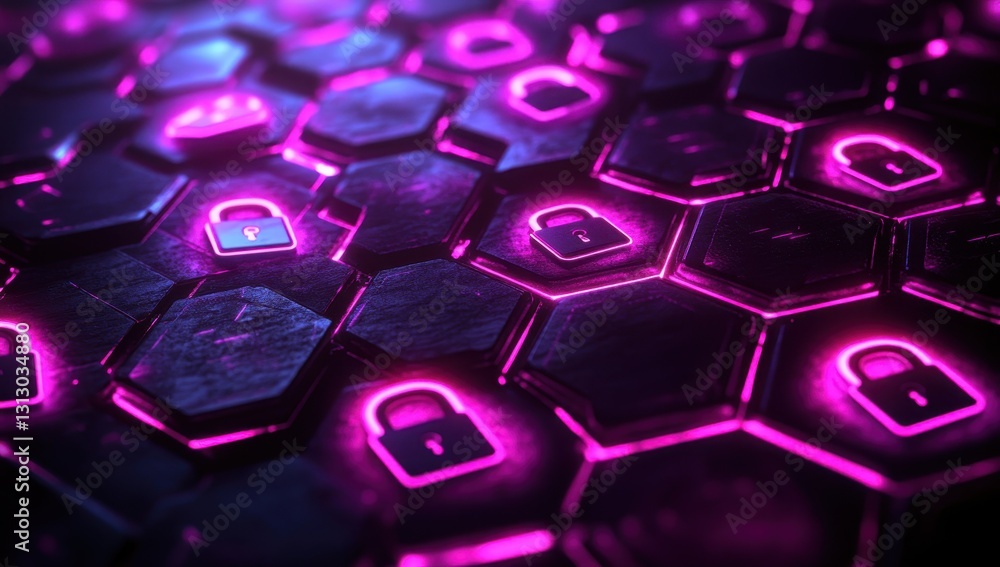 Poster futuristic hexagonal pattern with neon pink lock icons on dark surface representing cybersecurity an