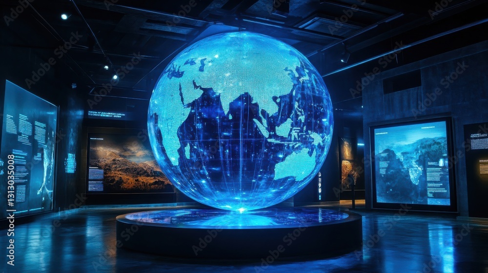 Poster a large illuminated digital globe within a modern display room
