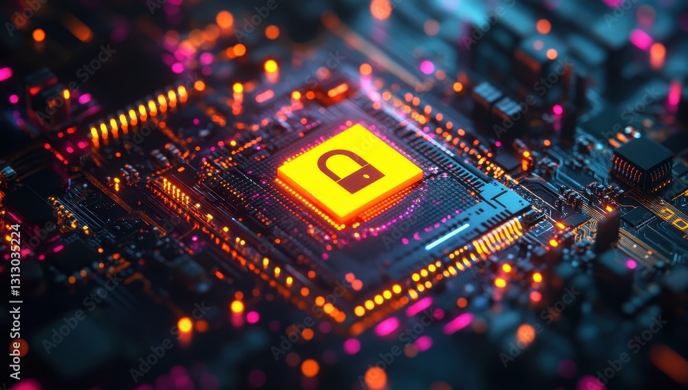 Aufkleber futuristic microchip design featuring security lock symbol in vivid colors and modern technology con