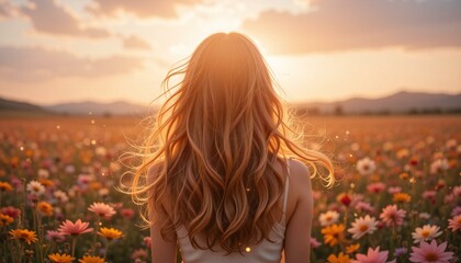 Woman in Colorful Dress in Flower Field.
