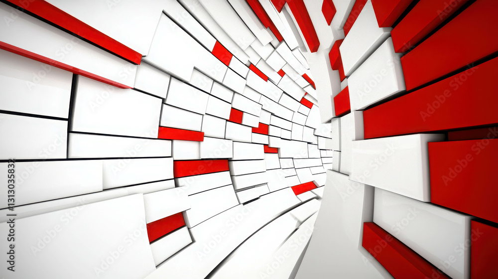 Poster abstract geometric design with red and white blocks creating dynamic perspective view