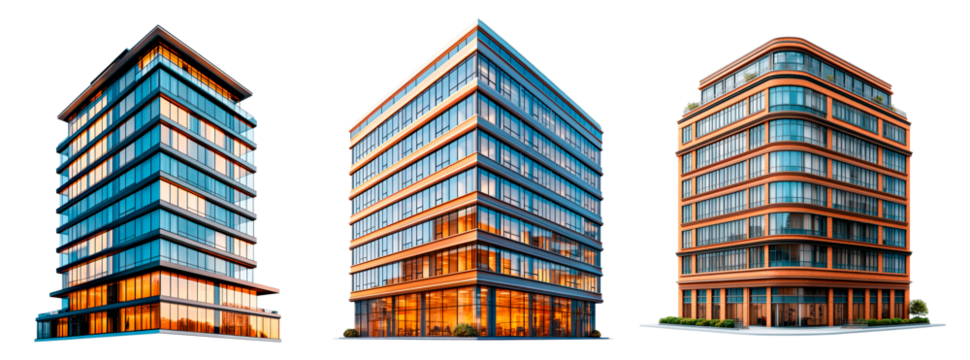 Set of modern building with many windows isolated on transparent background