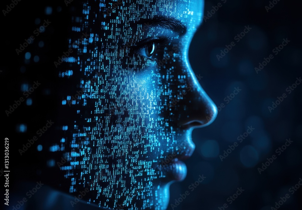 Poster futuristic portrait of a woman with binary code projections illuminating her face against a dark bac