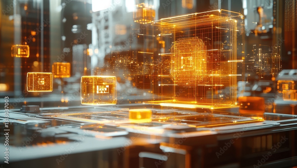 Poster futuristic technology concept featuring 3d floating data structures and circuit board elements in an