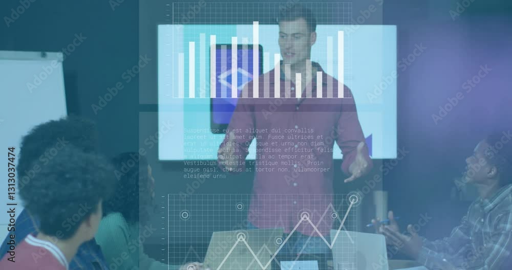 Aufkleber presenting data analytics animation, diverse team collaborating in business meeting room
