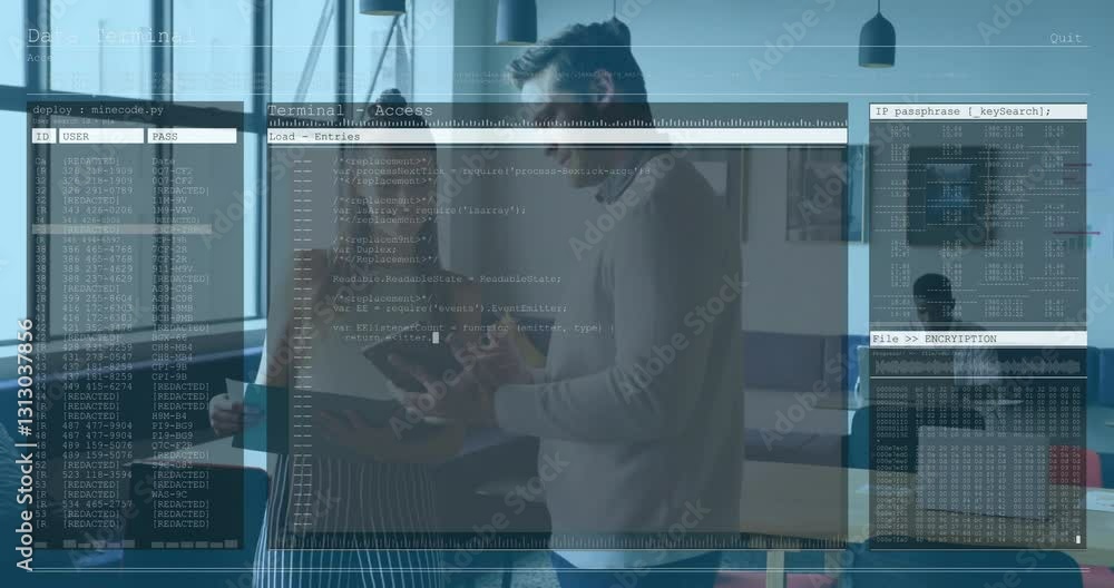 Poster code and data processing animation over two people collaborating in modern office