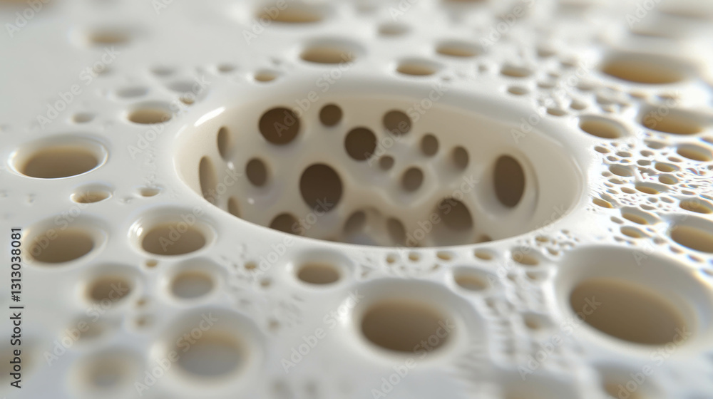 Poster abstract close-up of textured surface with circular holes and bubbles in light color palette